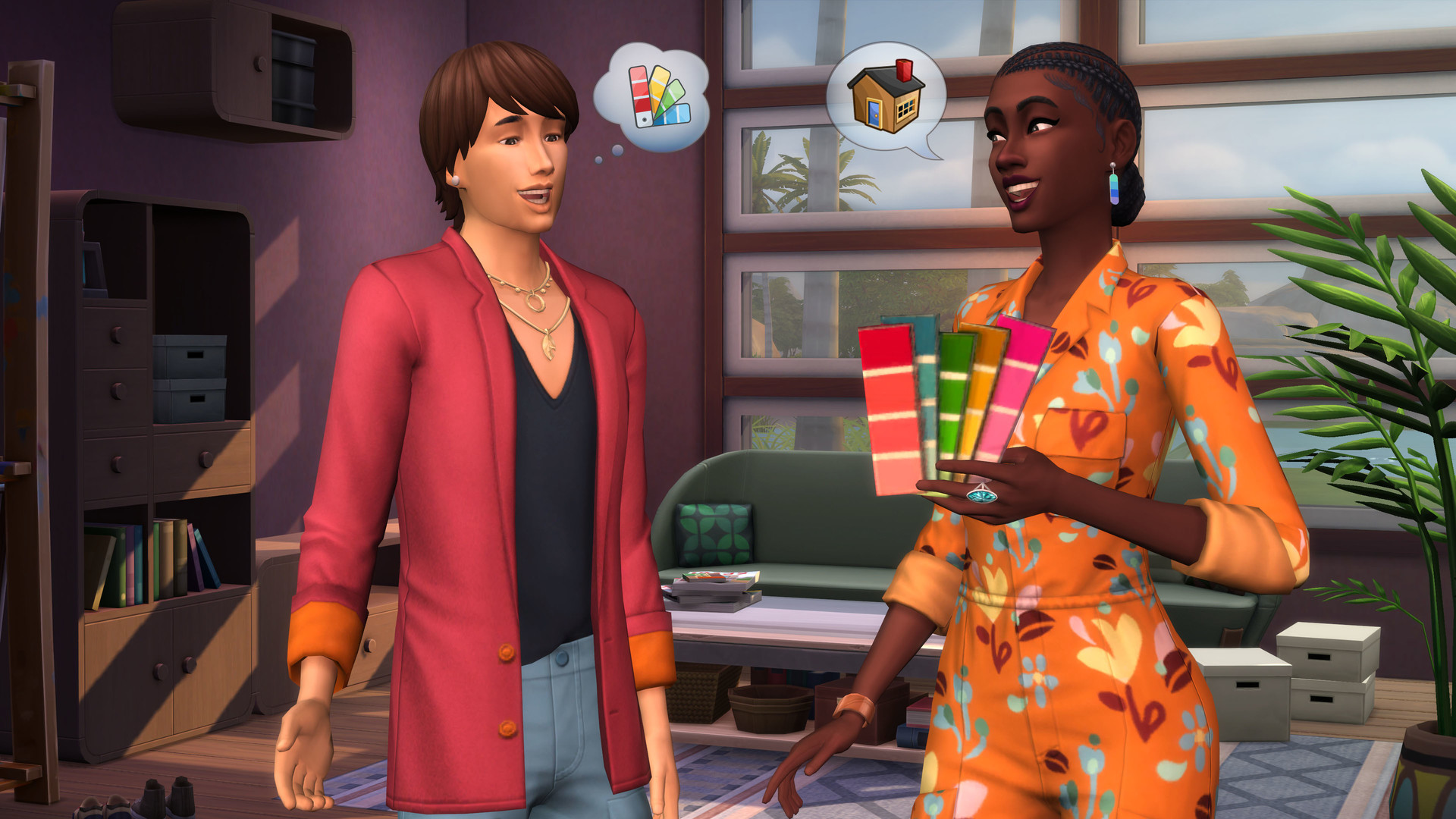 A Sims 4 interior decorator holds colour swatches while discussing a room with another Sim, whose thought bubble contains furnishing preferences.