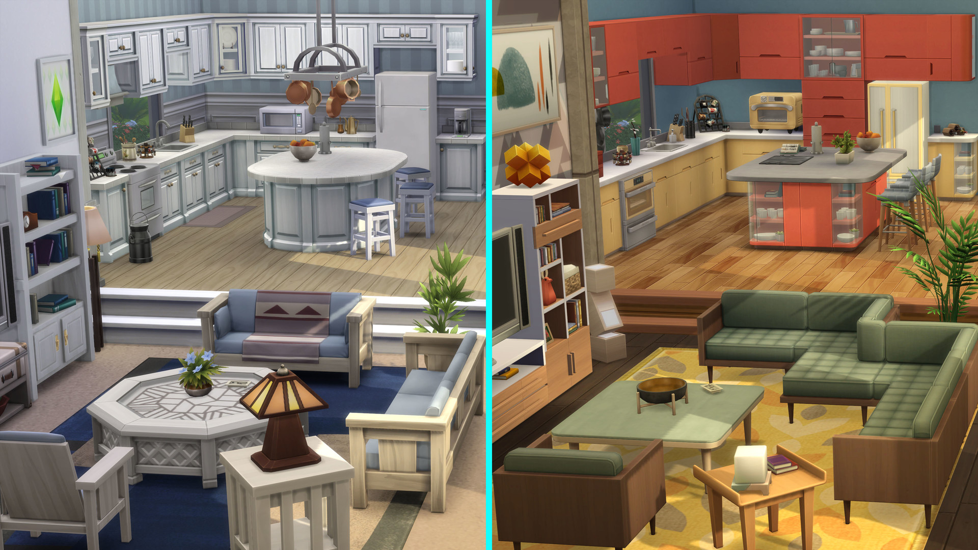 An official split-view Sims 4 image contrasts a pale blue-and-white kitchen and living room with a warmer interior in green, orange and wood.