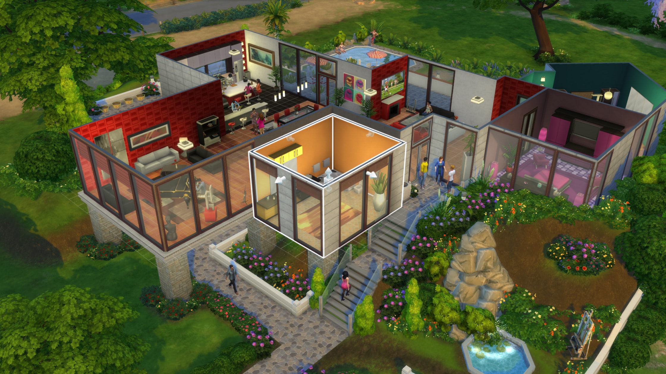 A cutaway view of a furnished Sims 4 home, with connected rooms, bright walls, a garden and a pond.