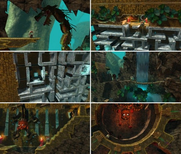 Six views of Christophe Villedieu’s Mayan-inspired LittleBigPlanet level, with stone mechanisms, suspended routes, foliage and torchlit spaces.