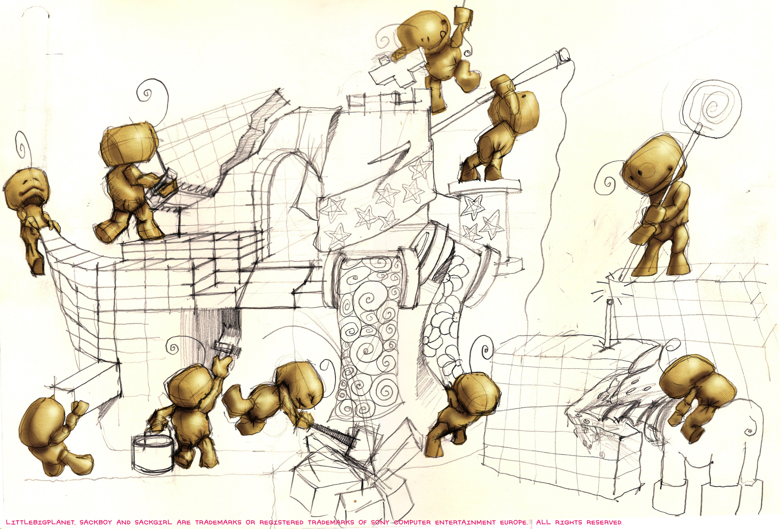 Early LittleBigPlanet concept artwork showing small cloth characters building, decorating and playing among drawn structures and oversized craft objects.