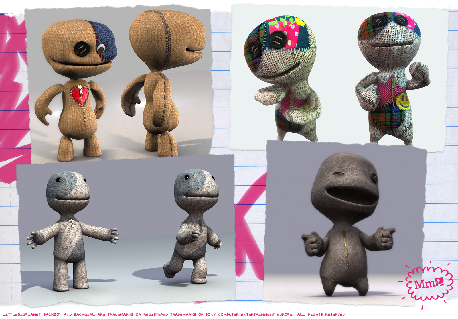 An archival sheet of LittleBigPlanet character designs, showing fabric, patchwork, buttons, zips and several variations of the small cloth character.