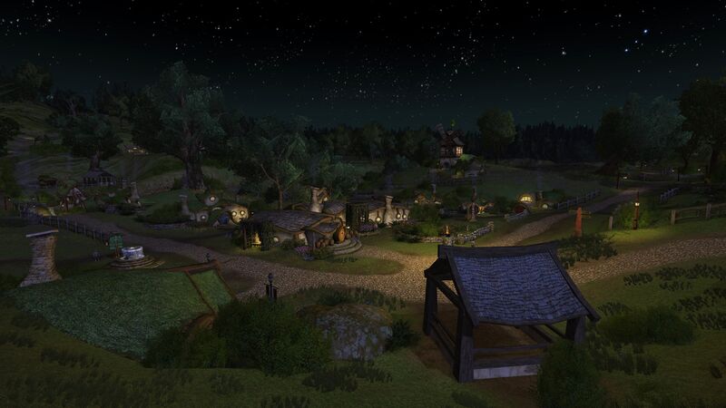 Hobbiton in LOTRO at night, with a road junction, softly lit hobbit-holes and a timber shelter under a starry sky.
